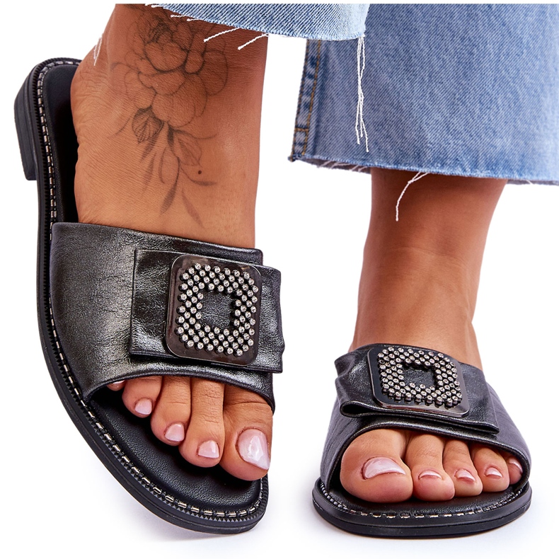 Ženske kožne papuče sa kamenčićima S.Barski KV-2775-33 Tamno srebrna srebro