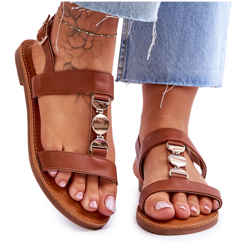 Ženske ravne sandale s ukrasnim remenom Brown Berry smeđa