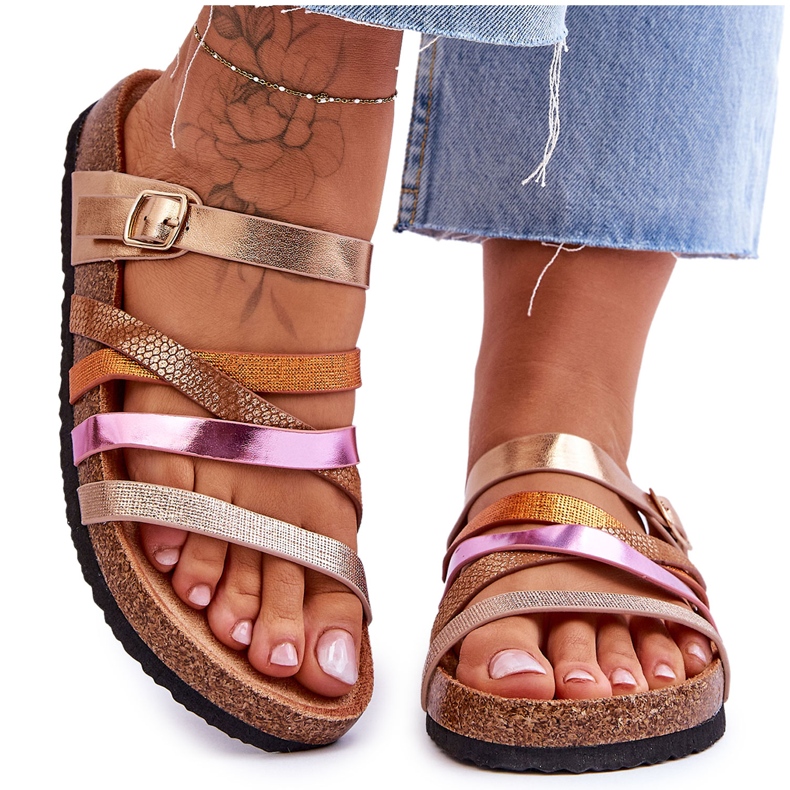 FB2 Ženske papuče s platformom i prugama zlatne djeteline zlatna