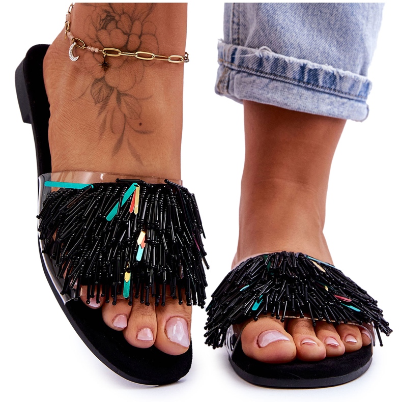 Ženske papuče s modnim ukrasima S.Barski KV-576-4 crne bezbojan