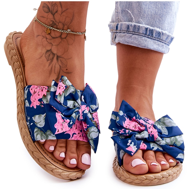 FK1 Ženske papuče s platnenom mašnom tamnoplavi cvijet plava