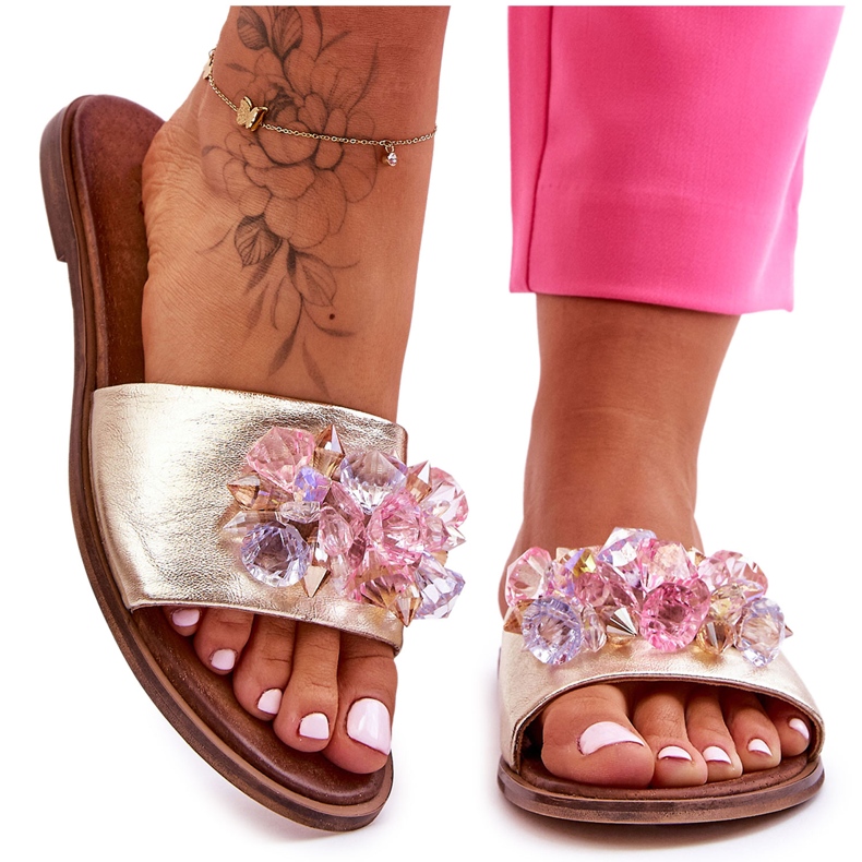 Kožne ženske papuče s ukrasom Nicole 2726/064 zlatne zlatna