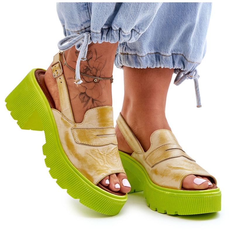Kožne sandale na petu i platformu Maciejka 06039-07 Žuta žuta boja