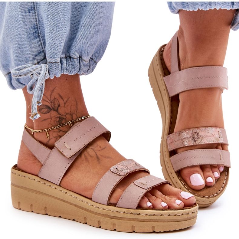 Vinceza Ženske kožne sandale s čičak ružičastom svježim izgledom ružičasta