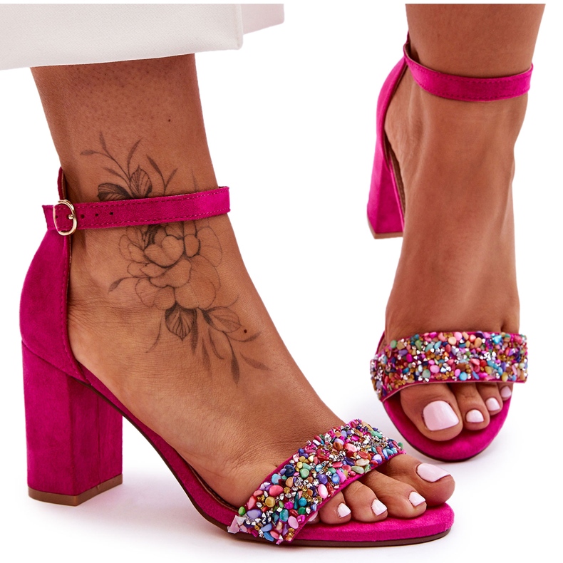 Moderne sandale na visoku petu s ukrasnim kamenčićima boje boje Love Me ružičasta