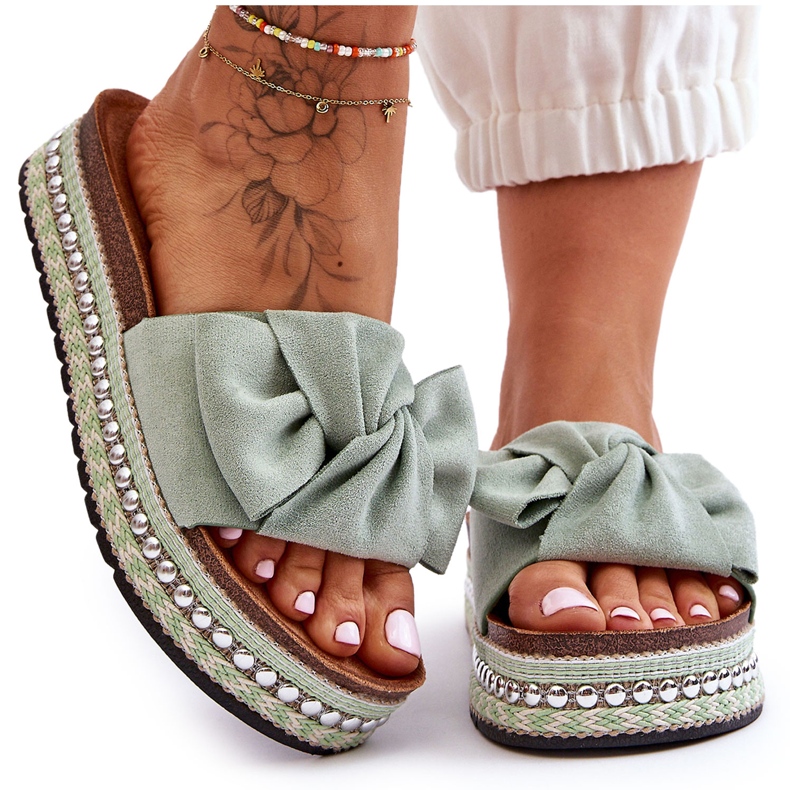 Ženske papuče od brušene kože s mašnom Lauria Green zelena