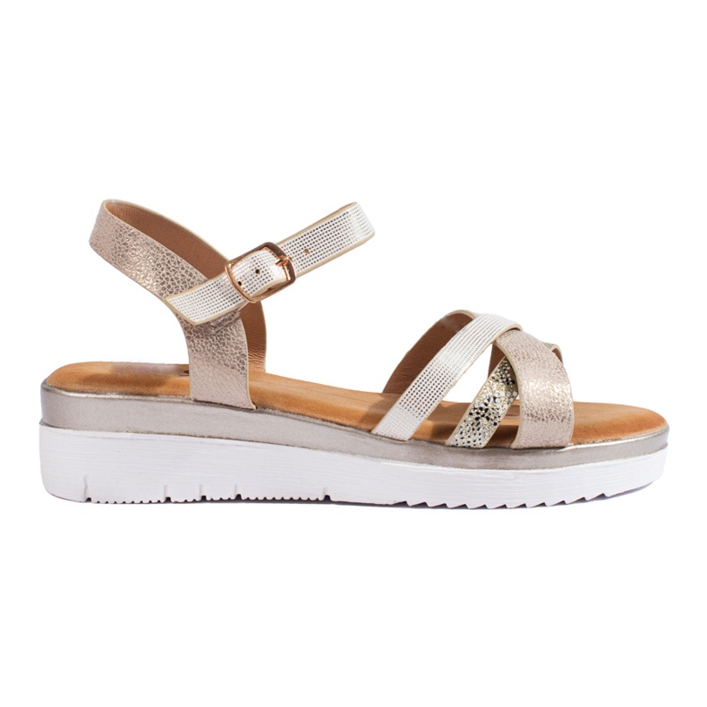 Udobne sandale na niskom klinu Shelovet bež i zlatne boje zlatna