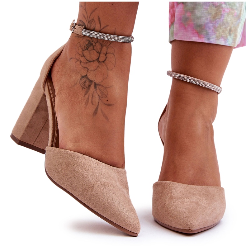 Tamno bež salonke od dijamantne brušene kože s kubičnim cirkonijem