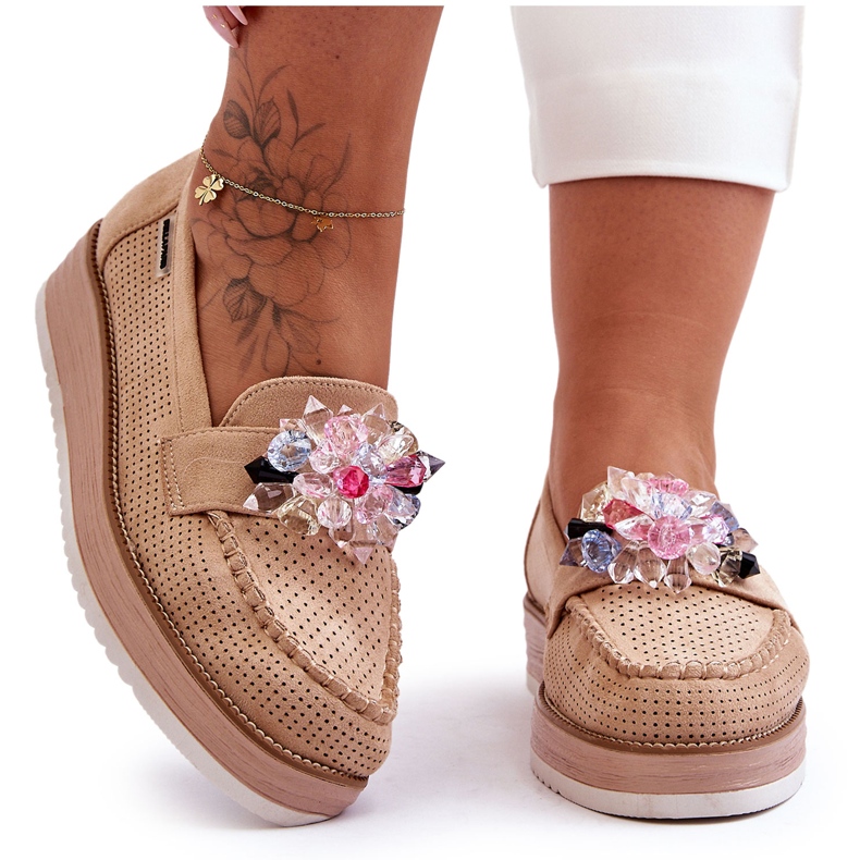 PM1 Ženske mokasine s platformom i kamenjem, bež Elonore