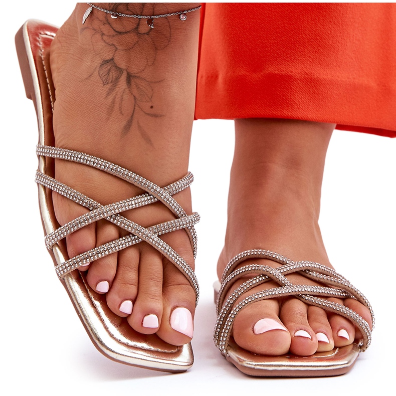 Ženske papuče s prugama i kamenčićima Golden Leomi zlatna