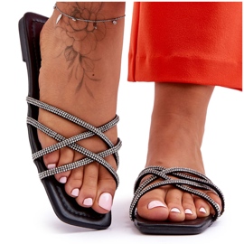 Ženske papuče s prugama i kamenčićima Black Leomi crna