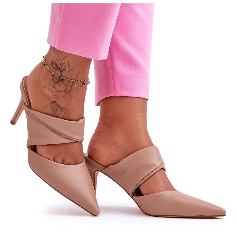 Inna Kožne papuče na visoku petu tamno bež Aveline