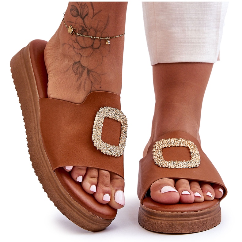 Ženske Denicia smeđe papuče s platformom s ukrasom smeđa