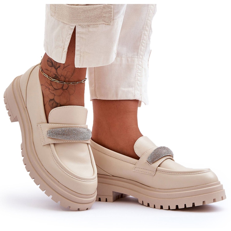 PG1 Arickine debele kožne mokasine s bež ukrasima