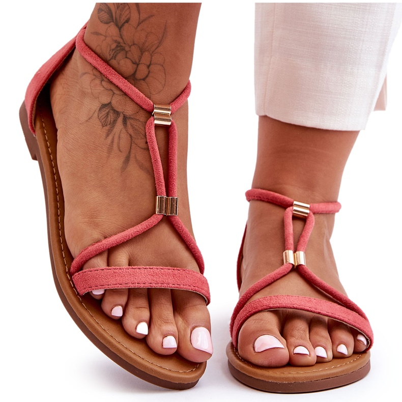 C'M Paris Ženske ravne sandale s patentnim zatvaračem od koraljne boje crvena