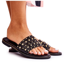 S.Barski Ženske kožne papuče s crnim ukrasom crna