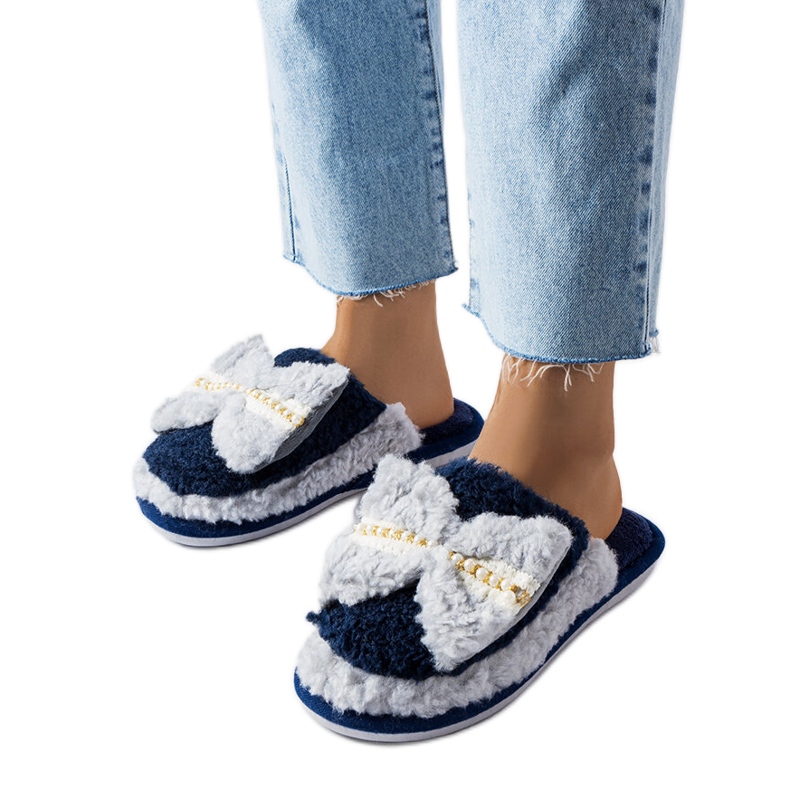 Mornarsko plave i sive papuče s mašnom plava