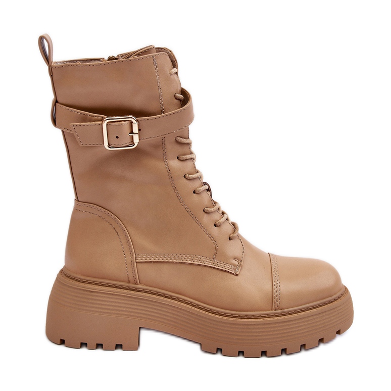 Kožne radničke čizme na ravnu petu s kopčom, bež Samivlo