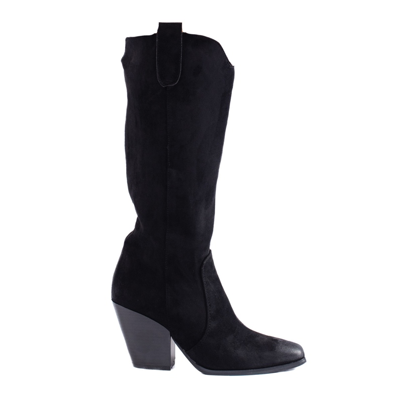 Shelovet ženske crne kaubojske čizme od brušene kože na visoku petu crno