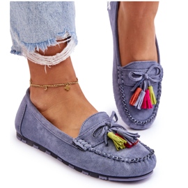 Plave mokasine od brušene kože s mašnom i rubovima plava