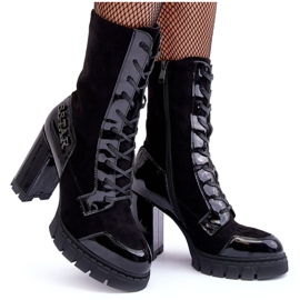 Kožne gležnjače na vezanje na masivnu visoku petu, Black Khariah crna