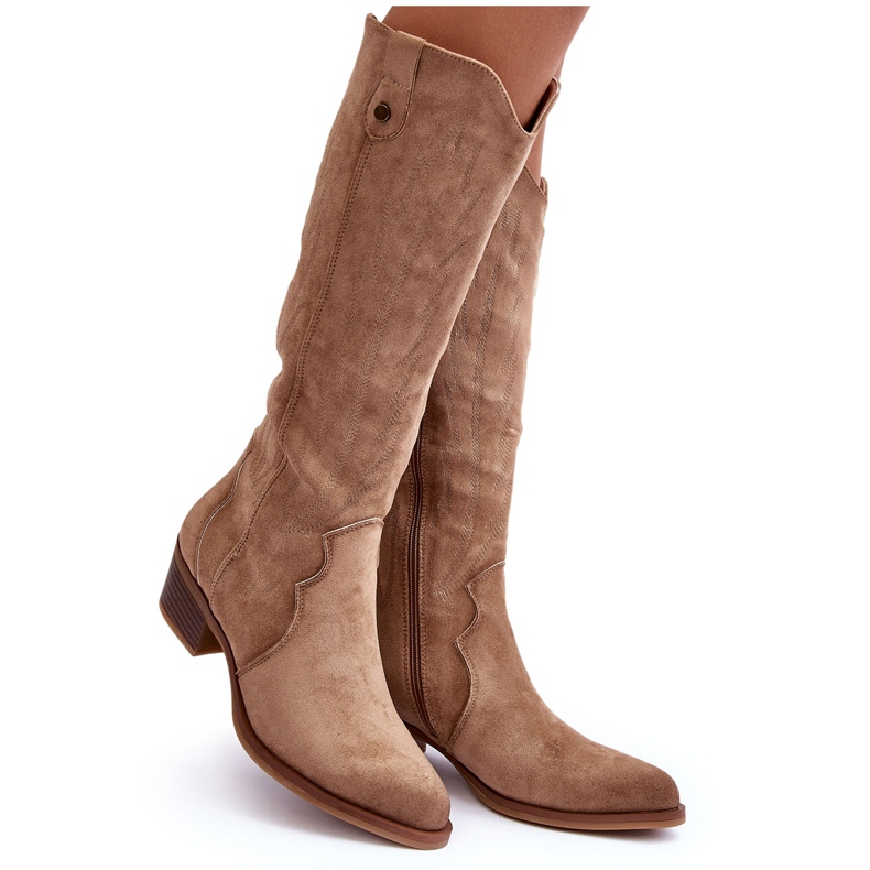 Bež Lunah kaubojske čizme od brušene kože s niskom petom