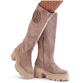 Lewski Shoes Ženske čizme preko koljena od brušene kože tamno bež Lewski 3367