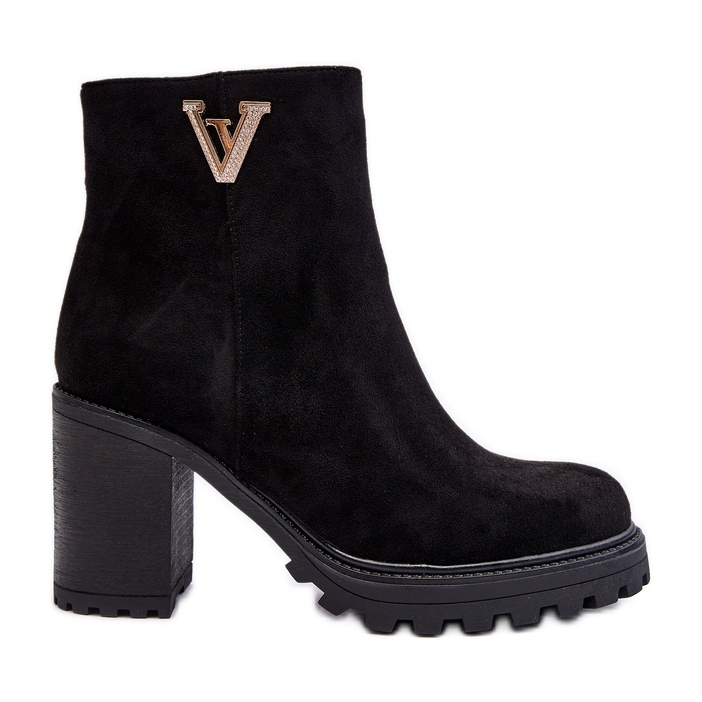 Ženske gležnjače na visoku petu s ukrasom od brušene kože, crne jake crno