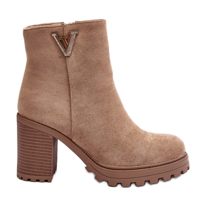 WJ2 Ženske gležnjače s visokom petom od brušene kože s ukrasom, bež jake