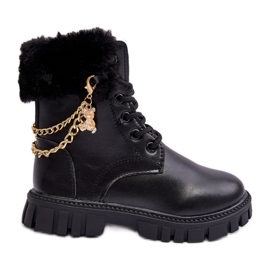 Kožne tople dječje gležnjače s lancem Black Cadia crna