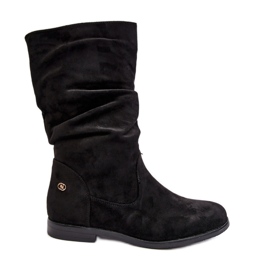 Ženske ravne čizme s naboranim gornjištem, crne kotine crno