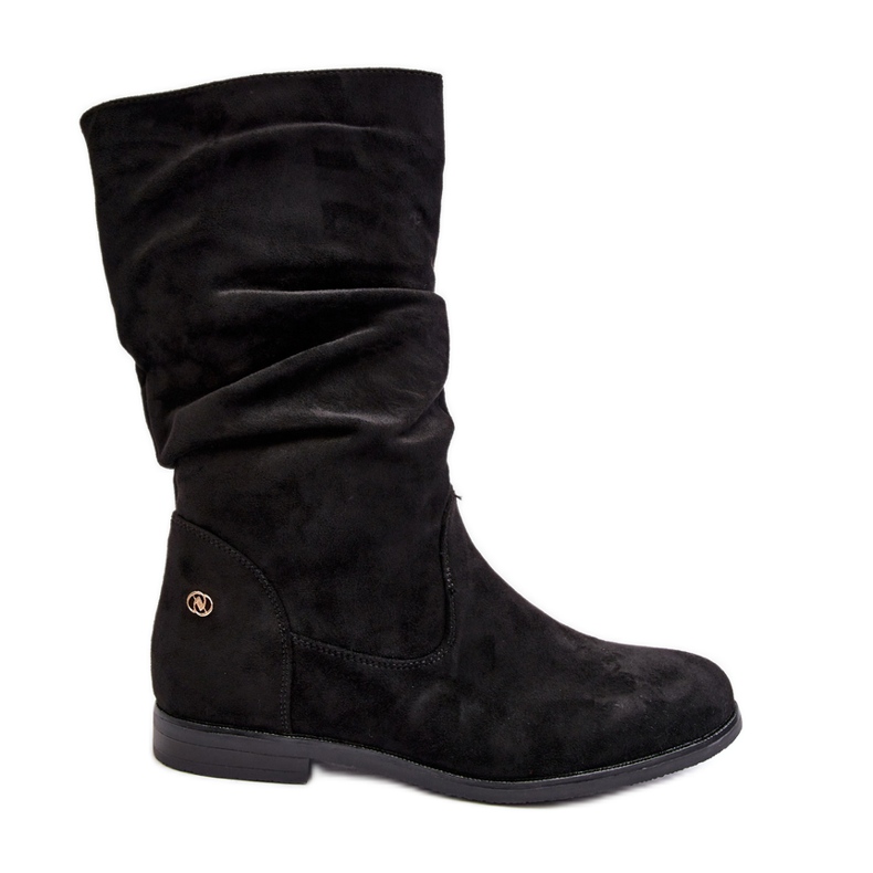 Ženske ravne čizme s naboranim gornjištem, crne kotine crno