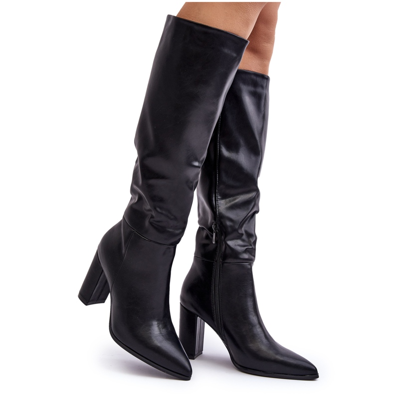 Ženske čizme do koljena na visoku petu crne Fiminna crno