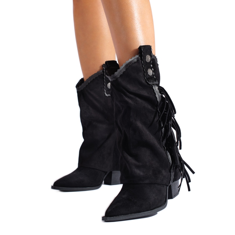 Shelovet ženske crne kaubojske čizme od antilopa s resama crno