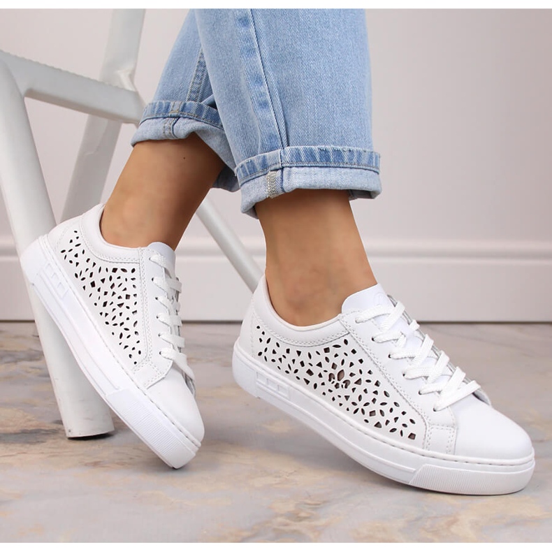 Kožne udobne ažur ženske sportske cipele, bijele, Rieker L8831-80 bijela