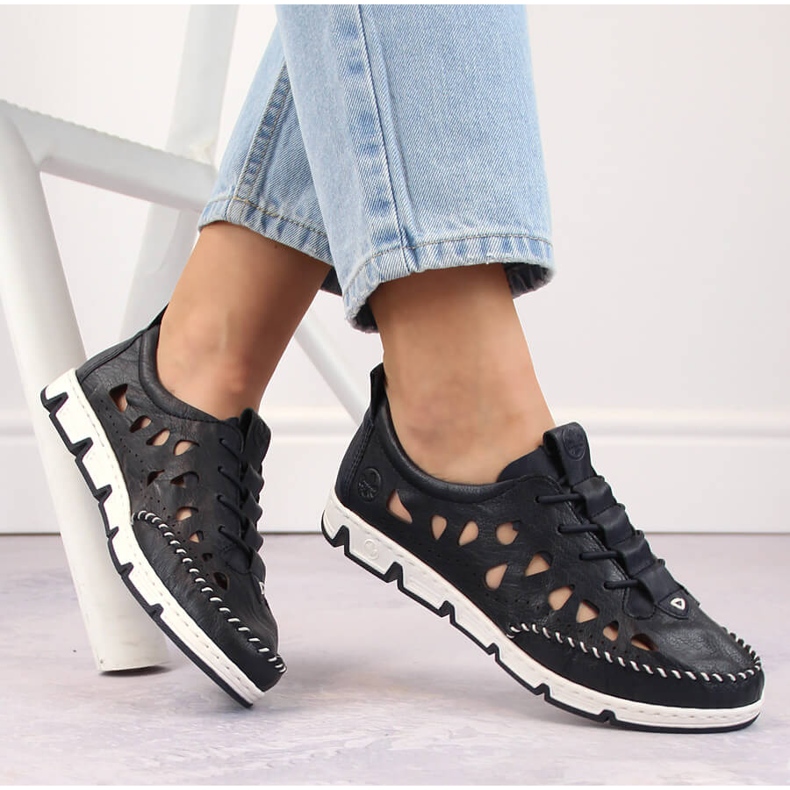 Ženske kožne ažurne natikače, tamnoplave Rieker 49956-14 plava