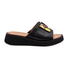 Vinceza Ženske kožne japanke s crnim Asames ukrasom crna