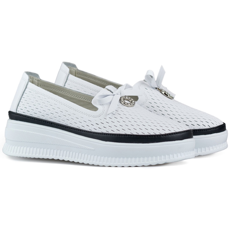 Ženske kožne ažur cipele, udobne mokasine od prirodne kože bijela