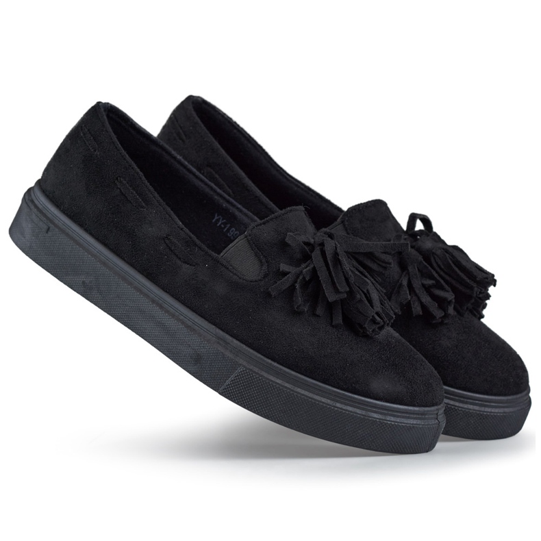 Crne ženske cipele sa resama, crne mokasine sa resama crno