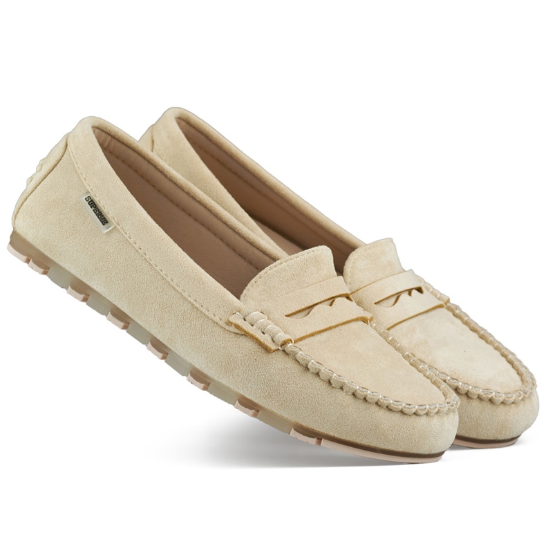 Ženske bež mokasine od brušene kože, udobne mokasine