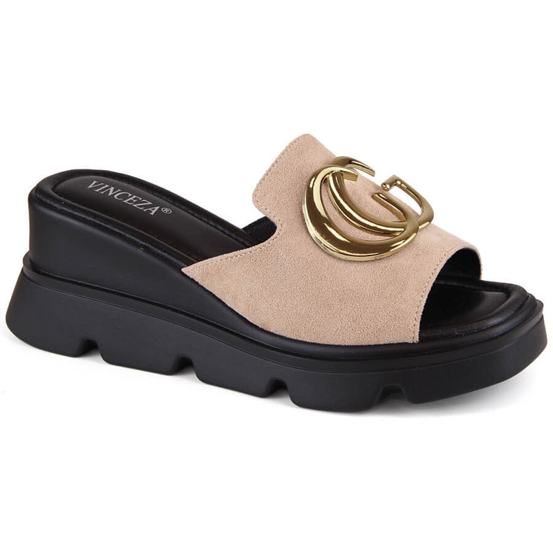 Bež ženske antilop papuče na wedge Vinceza 58295