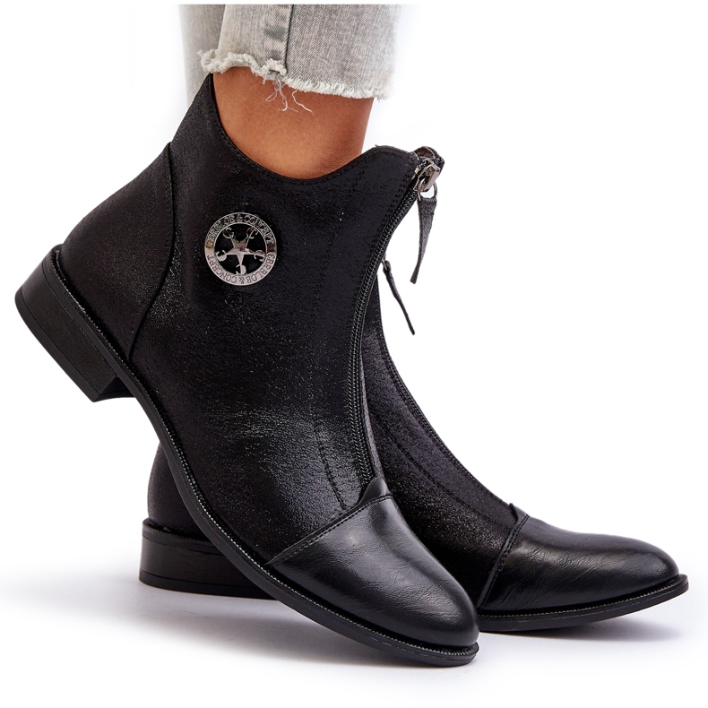 Jezzi Ženske ravne čizme s patentnim zatvaračem crne Loratie crno