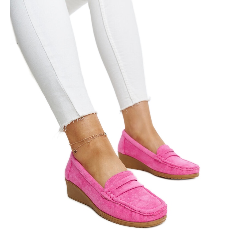 Sakena tamnoružičaste mokasine na klin od brušene kože ružičasta
