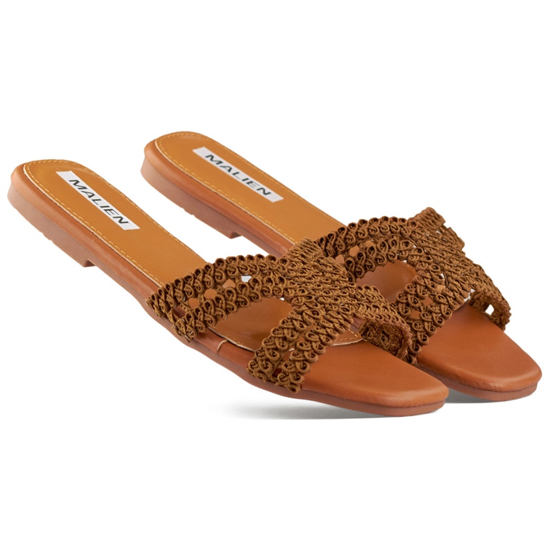 Čipkaste smeđe ženske japanke s ravnim potplatom smeđa