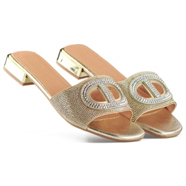 Elegantne zlatne ženske papuče na nisku petu sa šljokicama zlatni