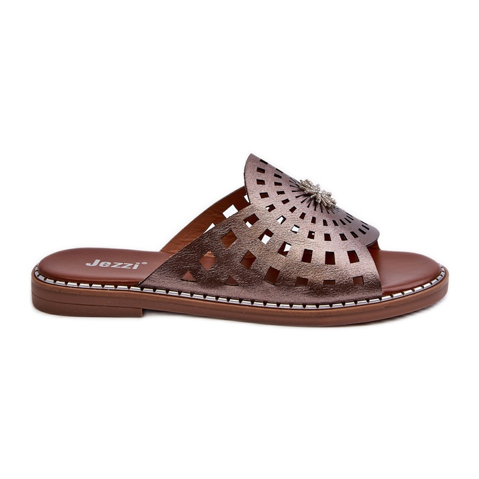 Sjajne ženske japanke na ravnu petu s bakrenim ukrasom Ebirena smeđa