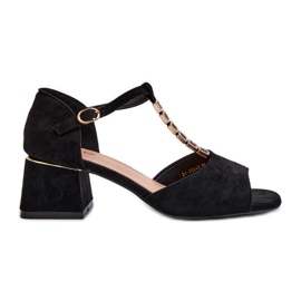 Vinceza Ženske sandale s blok petom i ukrasnim remenom, Eco Suede, crna Obivena