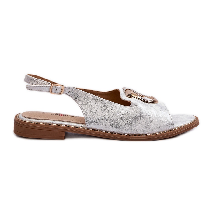 Elegantne ženske sandale sa zlatnim ukrasom na ravnu petu, srebrne S.Barski KV27-053 srebro