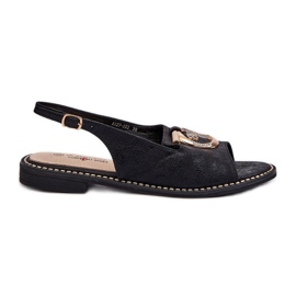 Elegantne ženske sandale sa zlatnim ukrasom na ravnu petu, crne S.Barski KV27-053 crna