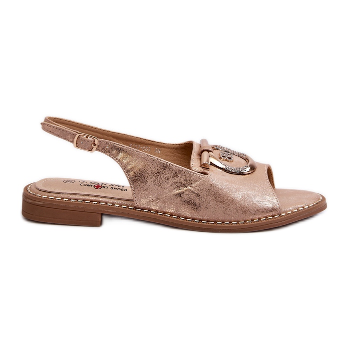 Elegantne ženske sandale sa zlatnim ukrasom na ravnu petu, ružičasto zlatne S.Barski KV27-053 zlatna